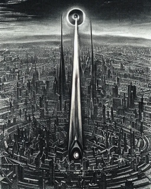 Image similar to Sauron's Eye looming over Cities all over the world 1945, renaissance painting, award-winning.