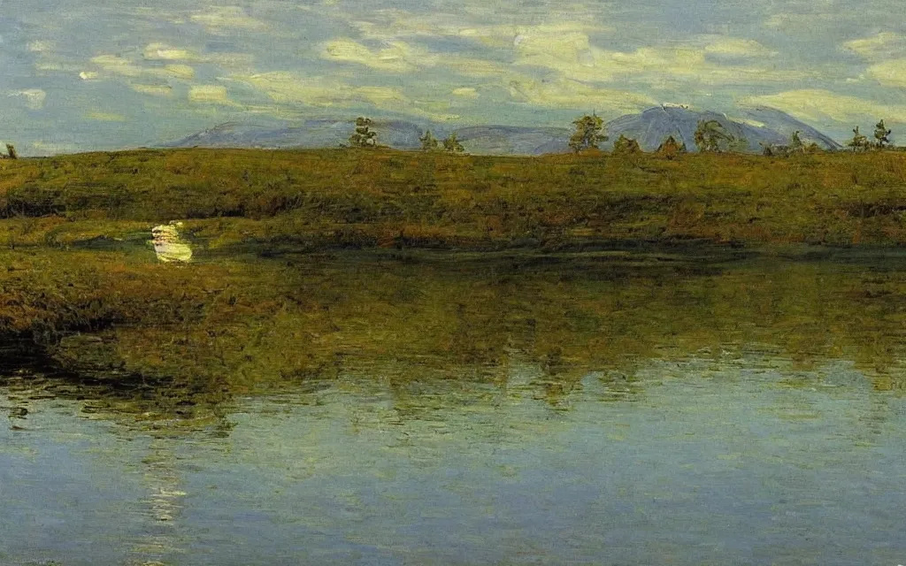 Image similar to a painting of large lake in norway, spring, oil on canvas, by peder severin kroyer