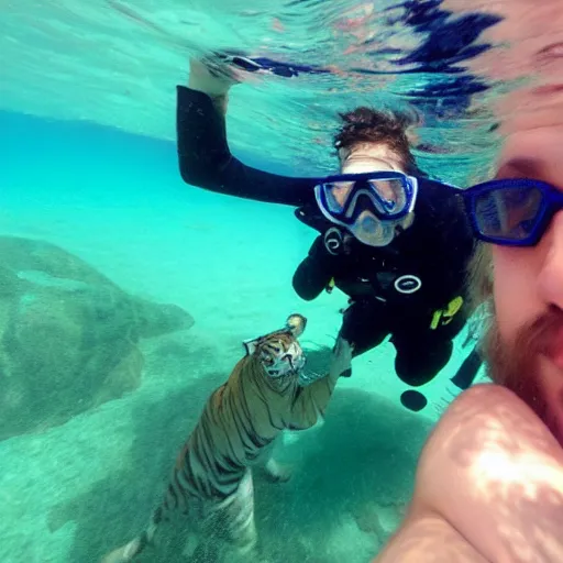 Prompt: a guy taking a selfie with tiger underwater