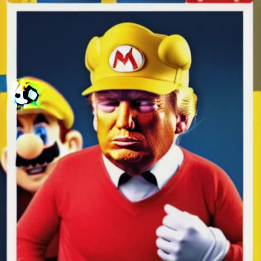 Image similar to uhd candid photo of hyperdetailed donald trump dressed as mario. correct face, cinematic lighting, photo by annie leibowitz, and steve mccurry.