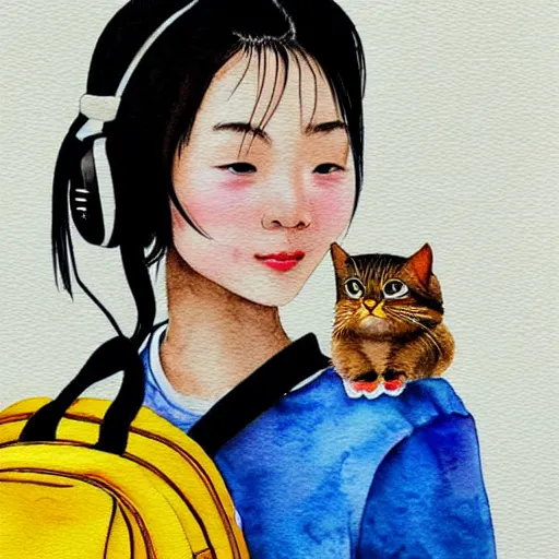 Prompt: cute Chinese young woman with headphones and a yellow backpack in New York, she has a cat, highly detailed watercolor painting