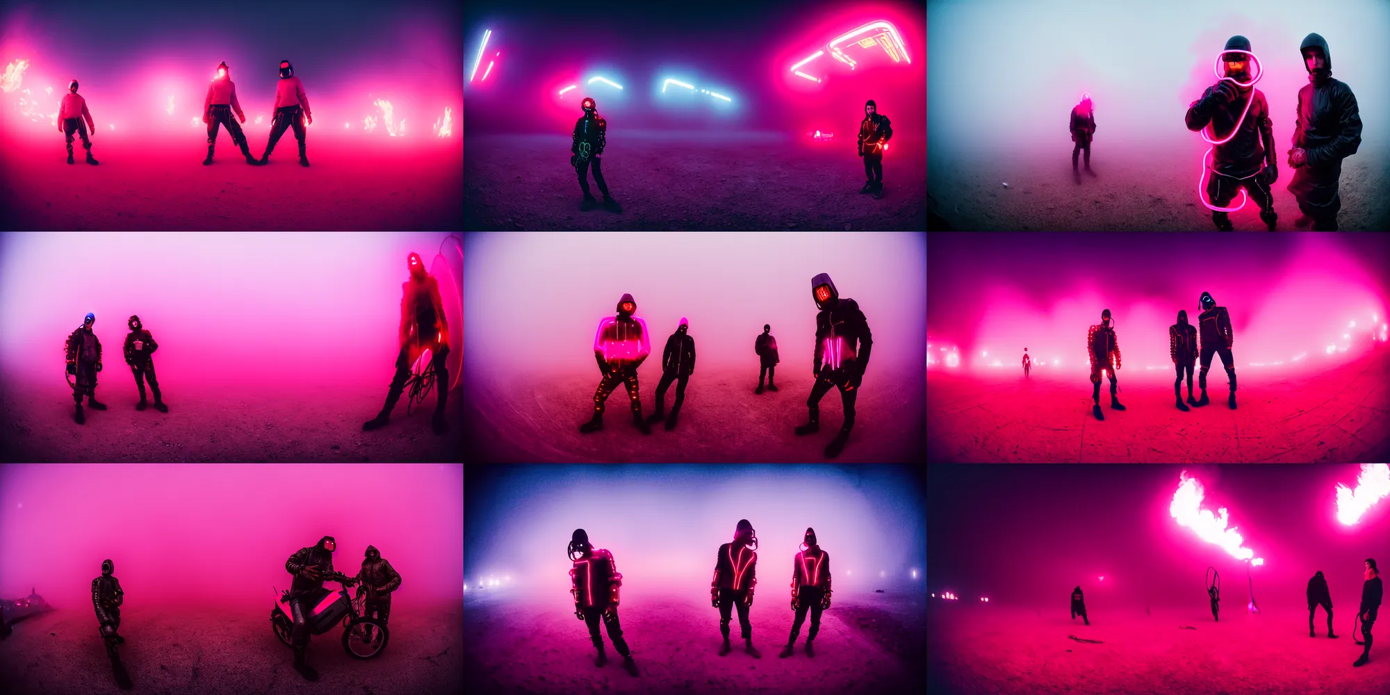 Prompt: cinestill hasselblad 8 mm, f 1. 2, extreme fisheye on ground level, extreme motion blur, candid photographic portrait by robert capas of 2 cyborgs wearing rugged neon pink mesh techwear in treacherous fog, burning man nevada, modern cyberpunk moody depressing cinematic, pouring rain, ultra realistic faces, ex machina