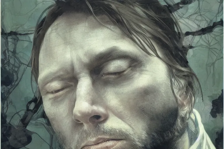 Image similar to hyper realistic portrait of thom yorke singer songwriter, side, liminal space, by lee bermejo, alphonse mucha and greg rutkowski