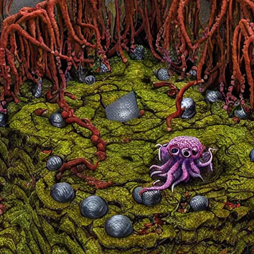 Image similar to voidless of the festival!, The Graveyard, blood moon tentacles!!, outsider art!!!, The ego separates by Wojciech Siudmak!!!!, a single potted cactus in a laboratory!!!!!, large group of crabs and worms, crawling along a bed of moss, low poly, creeper world, handcrafted, artstation, hyperrealistic, hard light, best practices, creeptastic, photorealism, macro perspective, cuddly