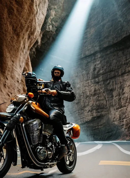 Image similar to a 2 8 mm macro photo of a man riding on a motorcycle through a canyon made of oversized arcade cabinets, splash art, movie still, bokeh, canon 5 0 mm, cinematic lighting, dramatic, film, photography, golden hour, depth of field, award - winning, anamorphic lens flare, 8 k, hyper detailed, 3 5 mm film grain