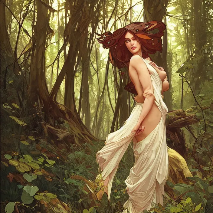 Image similar to lena oxton in a forest by artgerm, greg rutkowski, alphonse mucha