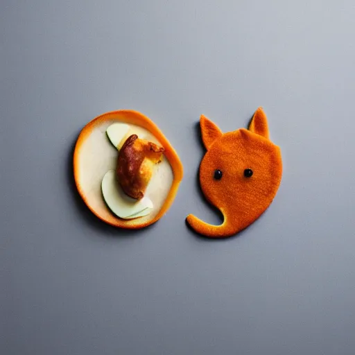 Image similar to studio photography of dinner food in the shape of a fox