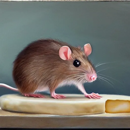 Prompt: realistic painting of a rat with cheese