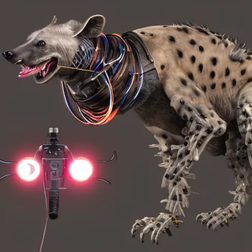Image similar to pet robot hyena, cyborg with exposed wires and metal, lights, camera lenses for eyes, realistic high quality concept art