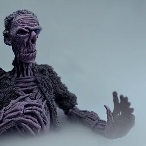 Image similar to the strange visitor, extremely detailed claymation art, extremely realistic, dark, moody, foggy