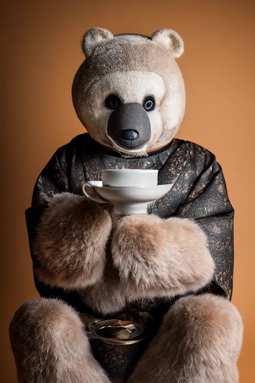 Prompt: anthropomorphic edo period japanese bear, drinking tea from a japanese tea cup, tea ceremony, fursuit, cosplay, trending on instagram, photography, sigma 8 5 mm f / 1. 4, studio lighting