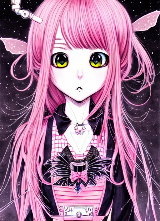 Image similar to dark fantastic manga beautiful cat girl witch aside a grait robot, pink hair, rococo dress, symmetrical face, portrait, cute, fairy, by mai yoneyama, takeshi obata, katsuhiro otomo, detailed background, artstation, highly detailed, colorful, maximalist