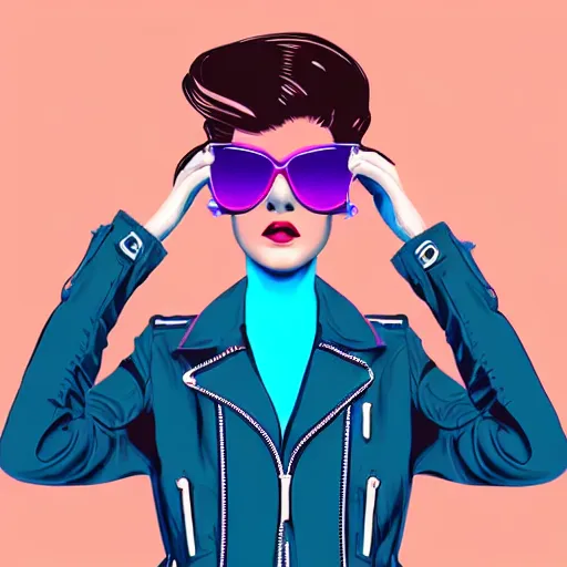 Image similar to a woman with light blue shutter shades in front of a sunset, a dark brown leather jacket, one side brown haircut with blue ends, vector art by jan tengnagel, pixabay contest winner, retrofuturism, retrowave, synthwave, outrun, portrait, synthwave