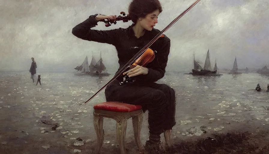 Image similar to angel alone playing on a violin near the shore, boats in the background, foggy morning, clouds in the sky, russian oil painting, serov, surikov, vasnetsov, repin, kramskoi, paint texture, uplight, insanely detailed and intricate, high resolution, Charlie Bowater, Tom Bagshaw, Norman Rockwell, octane rendered, unreal engine, illustration, trending on artstation, masterpiece, 8k