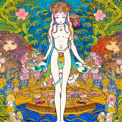 Image similar to a young NeoPagan Goddess of Spring, inside her temple, in a blended style by Junko Mizuno, Henry Darger, and Peter Chung, hyper detailed, colorful digital art, extremely fine inking lines