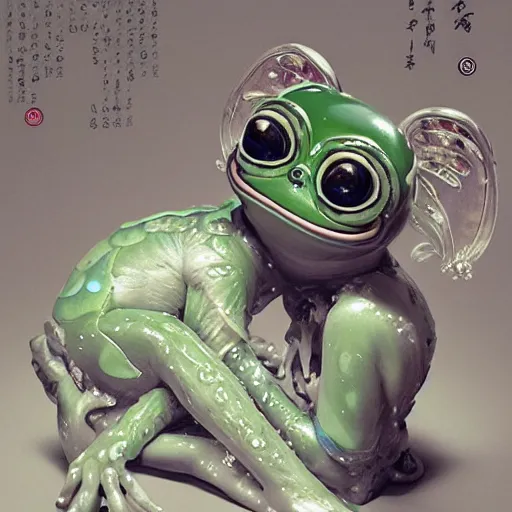 Prompt: plasticine wet shiny angels, crystal, moonlit, mirrors, camera angled dramatically, realistic hyperdetailed design of pepe the frog, ferocious, chinese mythology, victo nga, fumo yoshitoshi, ren jing jeong, feifei ruan, peter mohrbacher, takato yamamoto