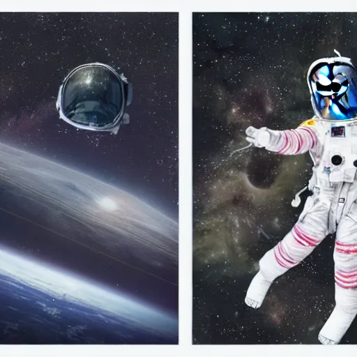 Image similar to double exposure portrait split in the middle of a astronaut and one chimpanzee in a suit posing with space in the background, pencil sketch, high definition, dynamic lighting stars, sharpness, golden ratio