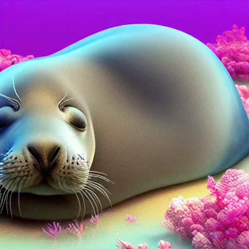 Image similar to Prince in pastel!!!, A seal sleeping peacefully in a kelp forest, cinematic, hyper realistic, detailed, 8k, octane render.