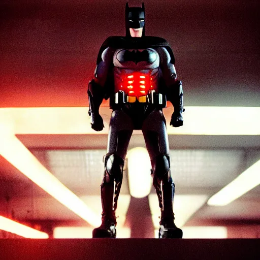 Prompt: movie still of batman cyborg, cinematic composition, cinematic light, criterion collection, by edgar wright