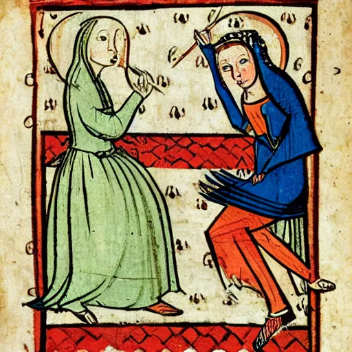 Prompt: a medieval book illustration of a woman and a rabbit dancing at a party