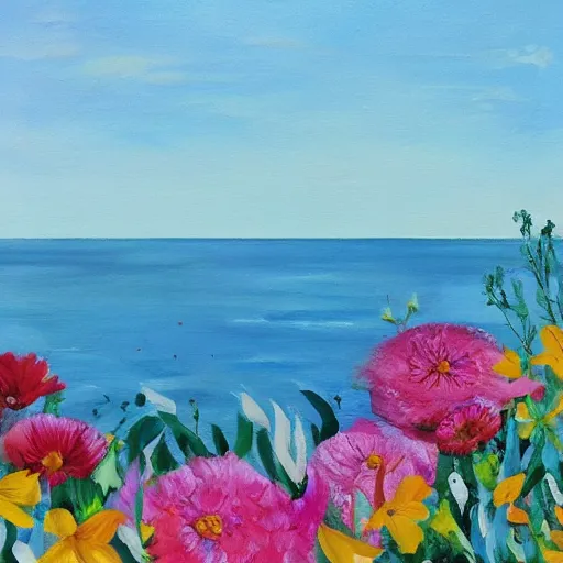 Prompt: flowers by the sea