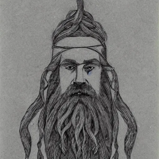 Prompt: bearded male druid gray face pointy ears with vines as hair drawing