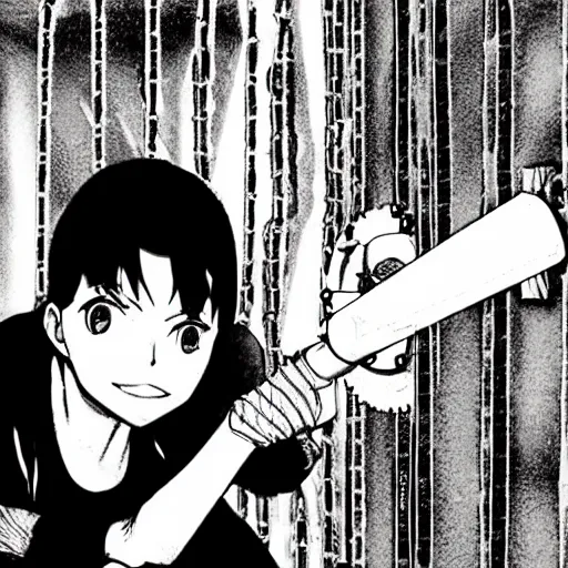 Image similar to close-up scene neighbor holding a drill and drilling holes in a room, all wall is drilled with holes, manga, professional manga artwork, very detailed, black and white manga horror in style of junji ito, kentaro miura, Tsutomu Nihei