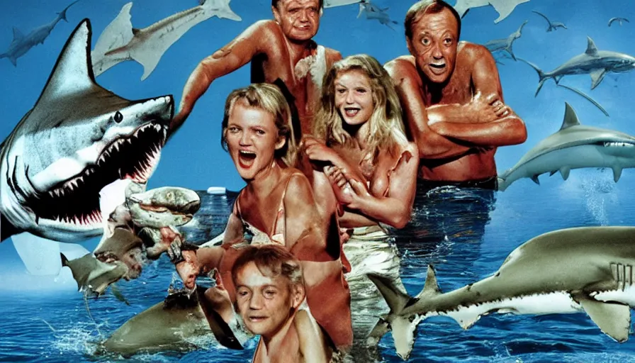 Image similar to Roger Corman horror movie about shark attacks.