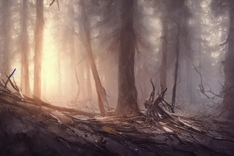 Prompt: fallen tree in a forest, winter, sci-fi, cinematic lighting, greg rutkowski