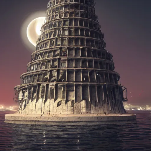 Prompt: dark concept art of the pisa tower on a floating island in night sky under a red moon, bright stars, octane render