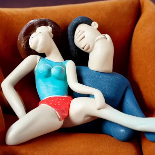 Prompt: man and woman in their panties on a sofa, clay figurines, drunk and happy,