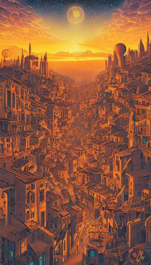 Prompt: The starlit city of wisdom and dreams at sunset, italian futurism, da vinci, Dan Mumford, Josan Gonzalez