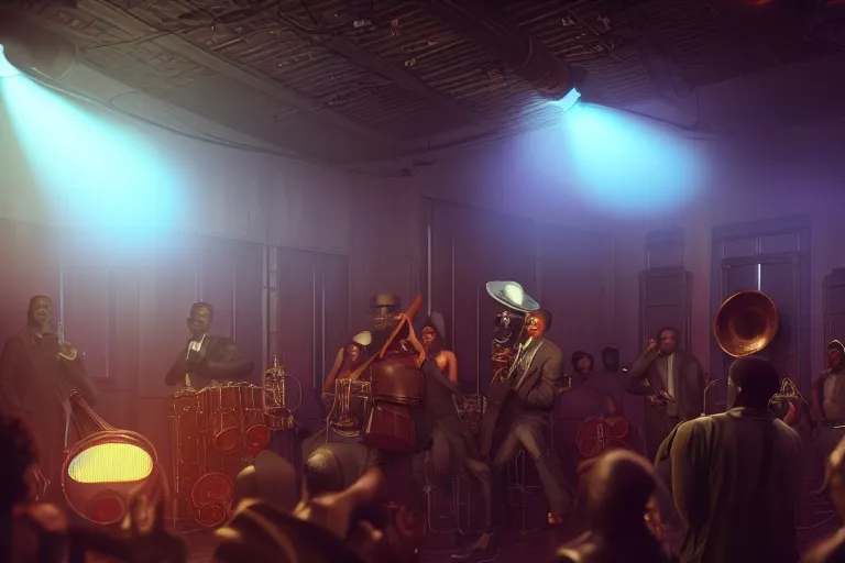 Prompt: a steampunk black man with long curly hair jazz musicians playing at a night club, focus on the musicians, cinematic lighting, exaggerated detailed, unreal engine, octane render, trending on artstation, art by greg rutkowski, 4 k
