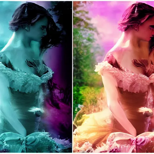 Prompt: beauty as the beast, beast as the beauty, soul swapping, fantasy, stylistic blur, color restoration