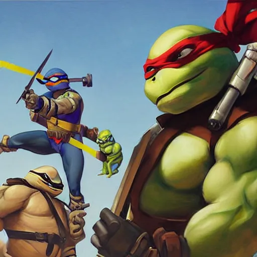 Image similar to greg manchess portrait painting of teenage mutant ninja turtles as overwatch character, medium shot, asymmetrical, profile picture, organic painting, sunny day, matte painting, bold shapes, hard edges, street art, trending on artstation, by huang guangjian and gil elvgren and sachin teng