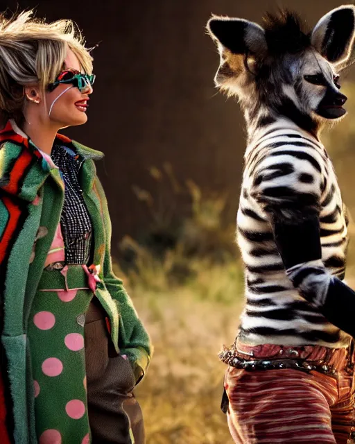 Prompt: Margot Robbie dressed as Harlequin interacts with a playful spotted hyena, HDR, photorealistic, In the style of National Geographic