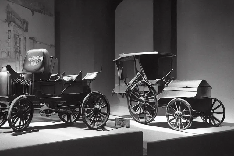 Image similar to cyberpunk 1 9 0 8 model ford t, volumetric lighting, in a museum, museum exhibit, museum lighting, 9 0 s film photo