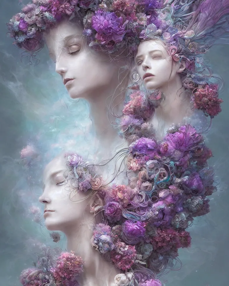 Image similar to a digital painting of interlaced gorgeous etherial female sculptures, made of mist, made of flowers, Andrew Ferez, Charlie Bowater, Marco Mazzoni, Seb McKinnon, Ryohei Hase, Alberto Seveso, Kim Keever, trending on cgsociety, featured on zbrush central, new sculpture, mystical