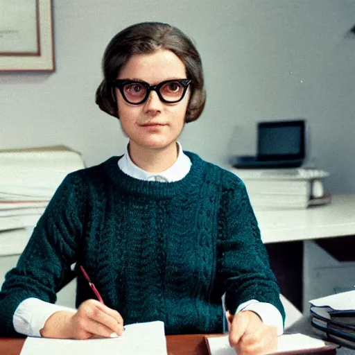 Prompt: a colour photo portrait of a young secretary sitting behind a desk, sweater in 1 9 7 0 th knitted burda style and colours, 8 k, wearing big 1 9 7 0 th glasses