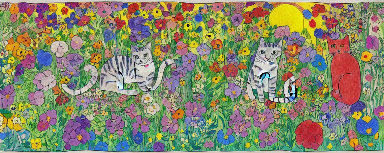 Image similar to cat playing in a garden of flowers, a mix media painting by laurel burch and Leonardo da Vinci and Natalia Goncharova, cluttered , child's drawing, art by Studio Ghibli, anime, thick black lineart