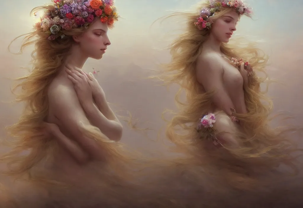 Image similar to epic portrait an beautiful goddess with long blonde flowing hair full off flowers, sweaty skin, glossy lips, beautiful, broad light, ambient occlusion, volumetric light effect, made by ivan aivazovsky, peter mohrbacher, greg rutkowski, matte painting, trending on artstation, 4 k, perfectly defined features, digital painting, wallpaper