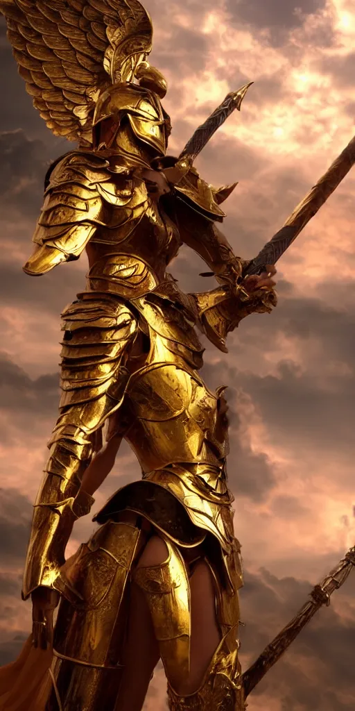 Image similar to full-body shot of a beautiful woman in golden angelic battle armor and wielding a flaming sword, among the clouds, cinematic, epic, 4k, realism