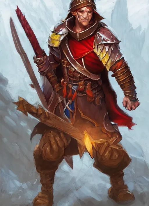 Image similar to lumbridge guard, dndbeyond, bright, colourful, realistic, dnd character portrait, full body, pathfinder, pinterest, art by ralph horsley, dnd, rpg, lotr game design fanart by concept art, behance hd, artstation, deviantart, hdr render in unreal engine 5