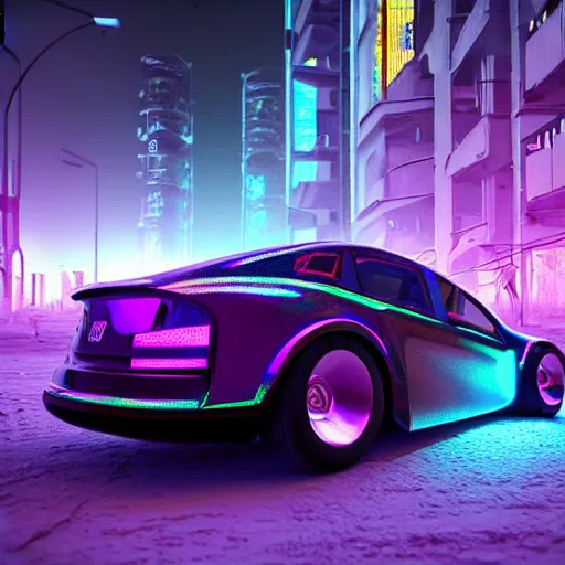 Image similar to Cyberpunk plasma semi-holographic VW W16 in a Russian cyberpunk slum city called Neo Norilsk on the Moon, at night, diverse, lively, Milky way on the sky, blinding sun, sci-fi photorealistic, grainy, 35mm, intricate, very very beautiful, elegant, smooth, cinematic, Unreal Engine 5, by Beeple, trending on Artstation HD