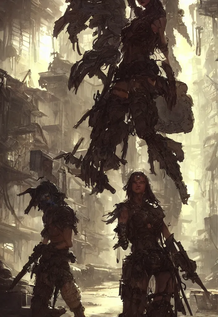 Image similar to Beautiful science fiction warrior princess, set in post apocalyptic Tokyo alleyway, glorious sunlight and shadows, D&D, fantasy, highly detailed, digital painting, artstation, concept art, sharp focus, illustration, in style of Frank Frazetta and Luis Royo and WLOP and Greg Rutkowski