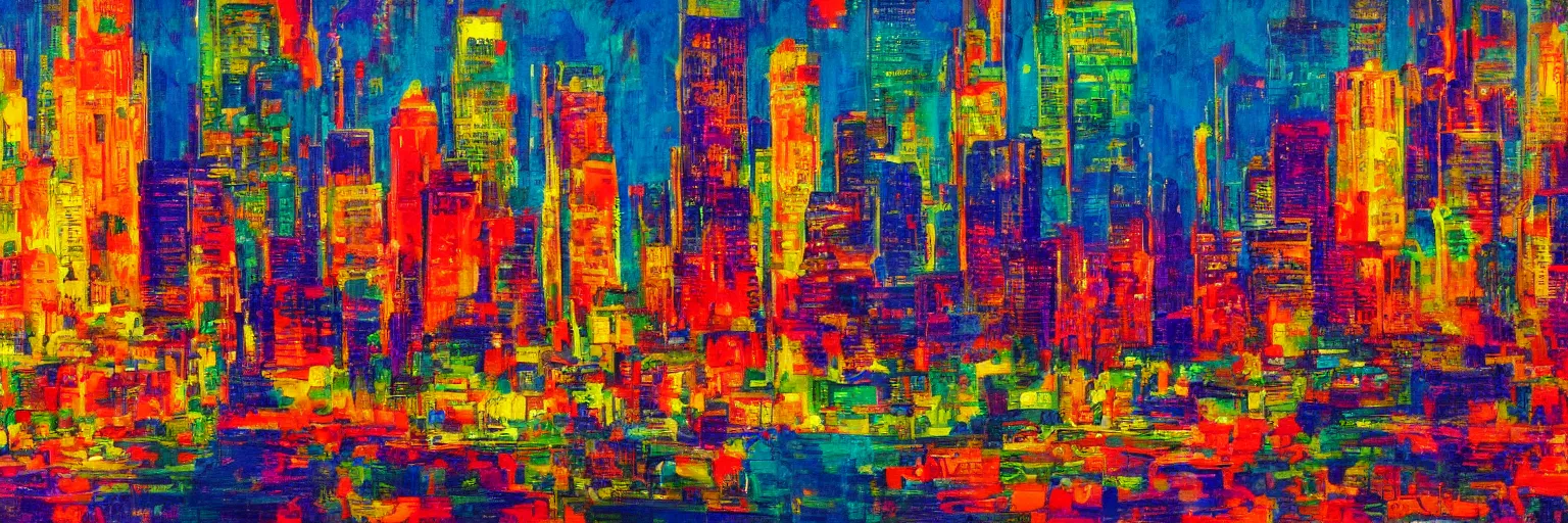 Prompt: a colorful landscape of new york by night in the style of alberto mielgo