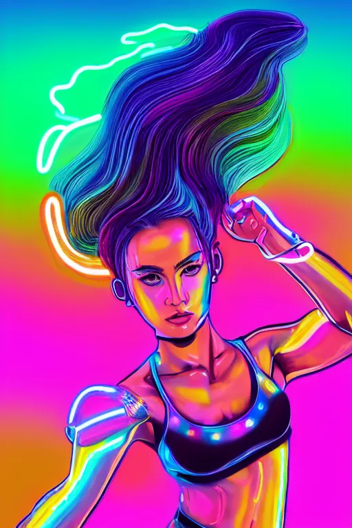 Image similar to a award winning half body portrait of a beautiful woman with stunning eyes in a croptop and cargo pants with rainbow colored ombre hairstyle head in motion and hair flying by thomas danthony, surrounded by whirling illuminated neon lines, outrun, vaporware, shaded flat illustration, digital art, trending on artstation, highly detailed, fine detail, intricate