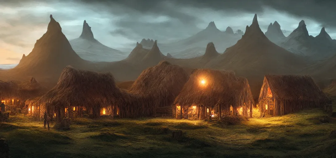 Image similar to a wooden viking village on the coast of iceland, dynamic lighting, volumetric, bokeh, cinematic, establishing shot, extremly high detail, photo realistic, cinematic lighting, post processed, concept art, artstation, matte painting, style by eddie mendoza, raphael lacoste, alex ross