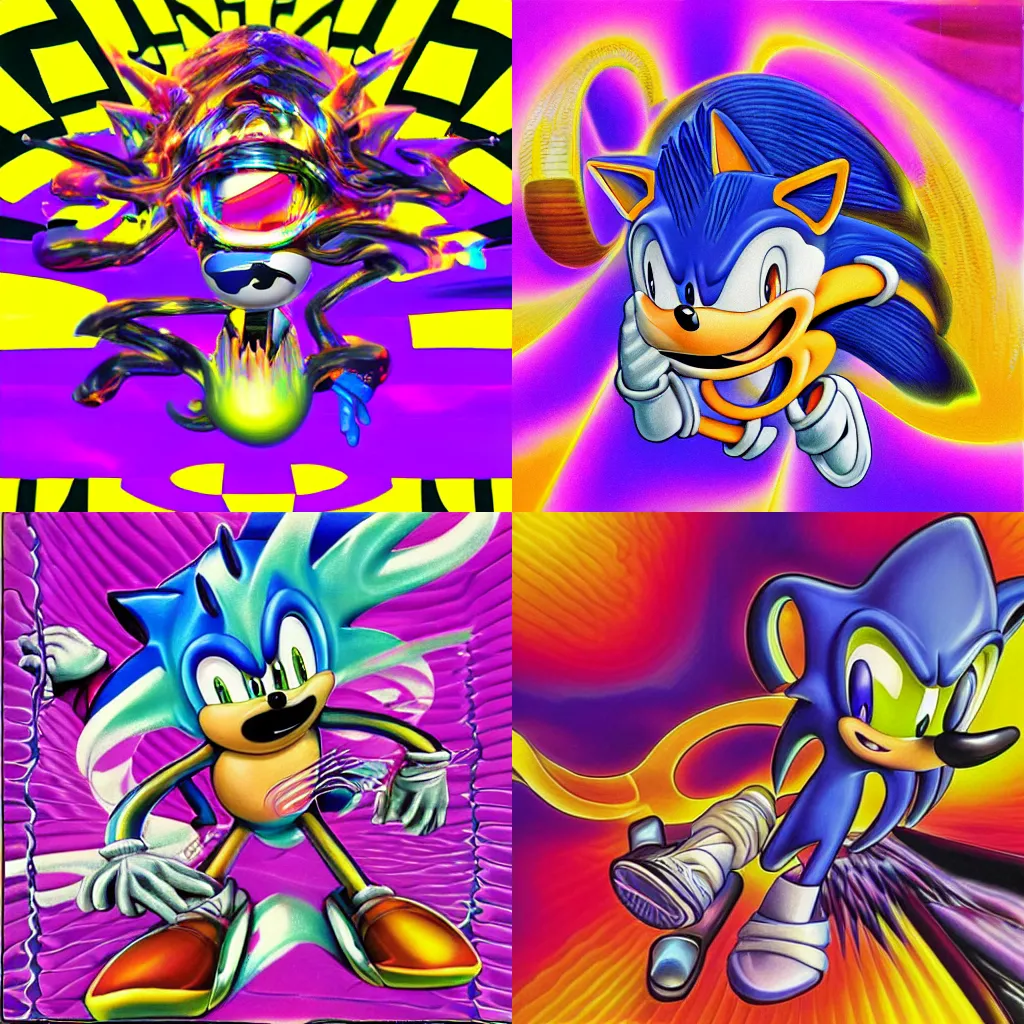 Image similar to surreal, sharp, detailed professional, high quality airbrush art MGMT album cover of a liquid dissolving LSD DMT sonic the hedgehog surfing through cyberspace, purple checkerboard background, 1990s 1992 Sega Genesis video game album cover