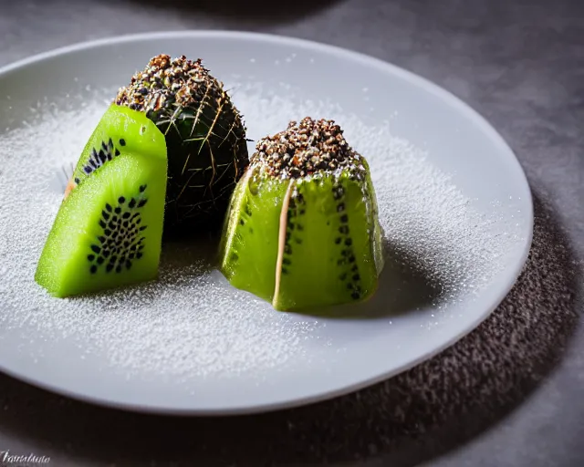 Prompt: a fine dining dessert plate of spiky cactus and ice cream, sugar sprinkled, kiwi slices, food photography, michelin star, fine dining, bokeh